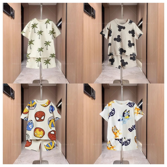 Cute Cartoon Print Design Short Sleeved Shorts Summer Men's And Women's Two-piece Set Children's Short Sleeved T-shirt Set
