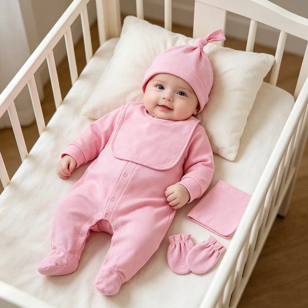 100% Cotton Newborn Baby Sets Hospital Baby Girl Clothes Set Pink Long Sleeve Footed Romper+Hat+Drool Bib+Glove Outfits Gift Box