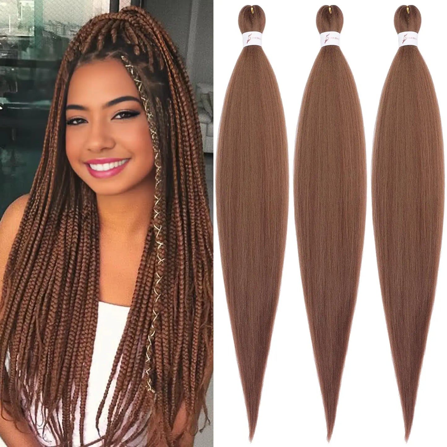 Brown Braiding Hair Pre 3 Packs Pre stretched Braiding Hair Yaki Texture Synthetic Hair Extension Itch Free Hot Water Setting