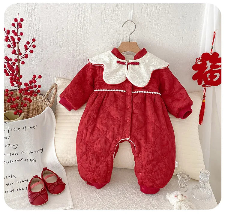 Baby Warm New Year Christmas Rompers 0-2 Year Old Korean Childrens Wear Winter Bodysuit Toddler Girls Sweetheart Outwear