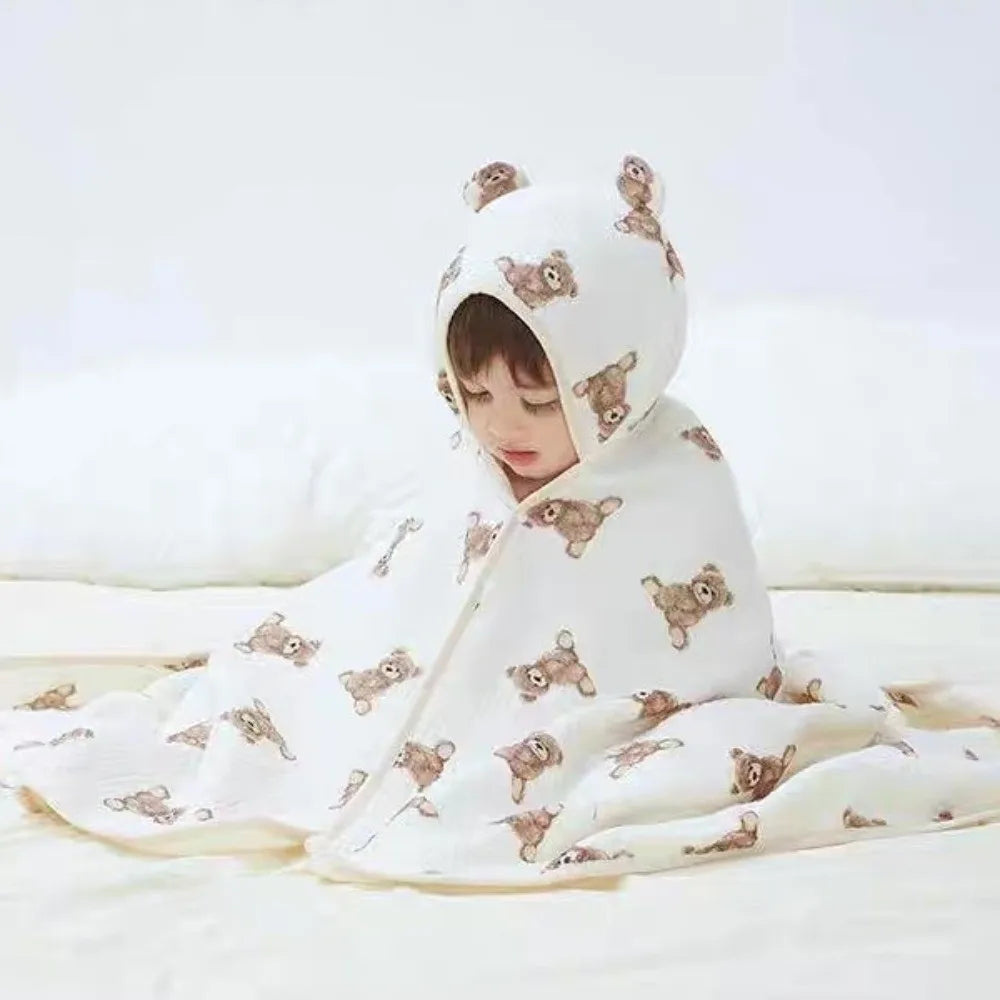 Warm Cartoon Printed Baby Gauze Bath Towel Four Layer Comfortable Hooded Bathrobe Soft Absorbent Infant Bathrobe Sleepwear