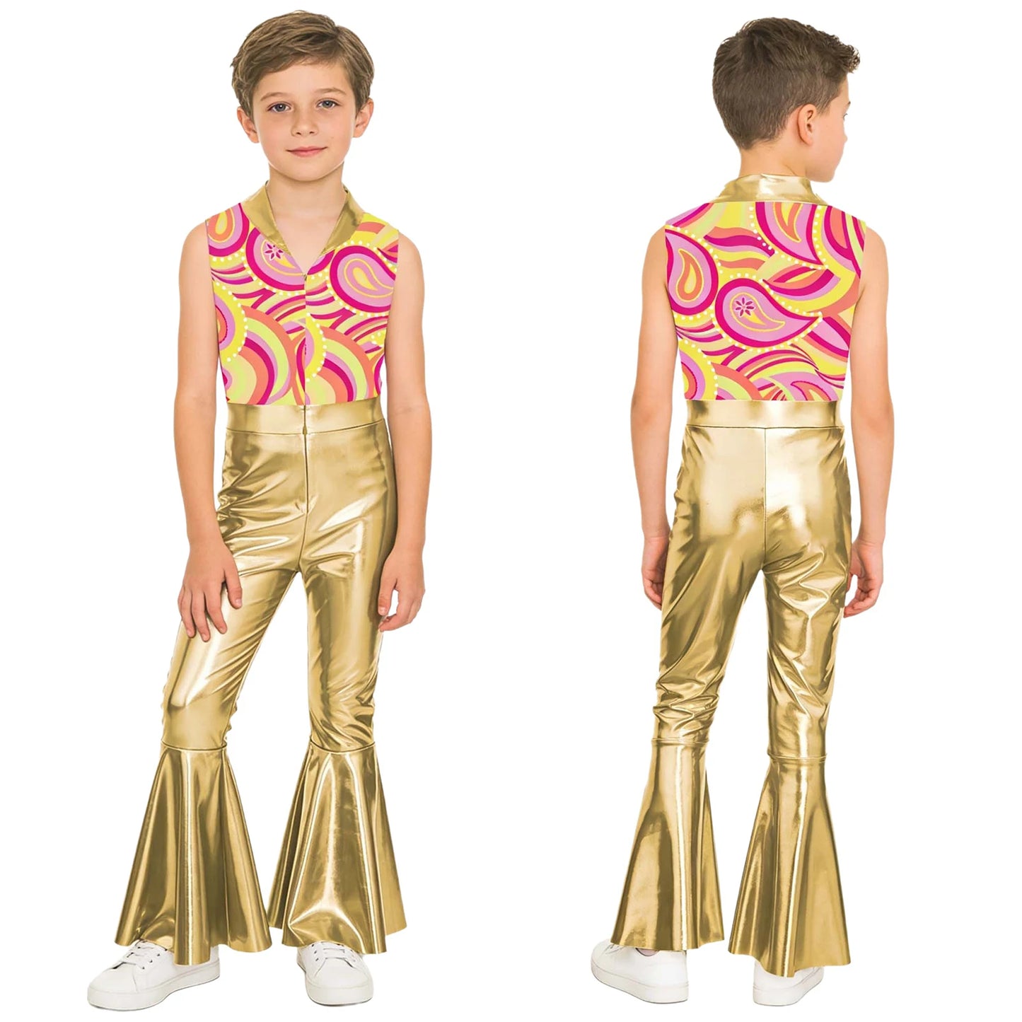 Children Boys 70-80s Disco Hippie Cowboy Costume Metallic Shiny Zipper Bell-bottom Jumpsuit for Halloween Carnival Cosplay Party