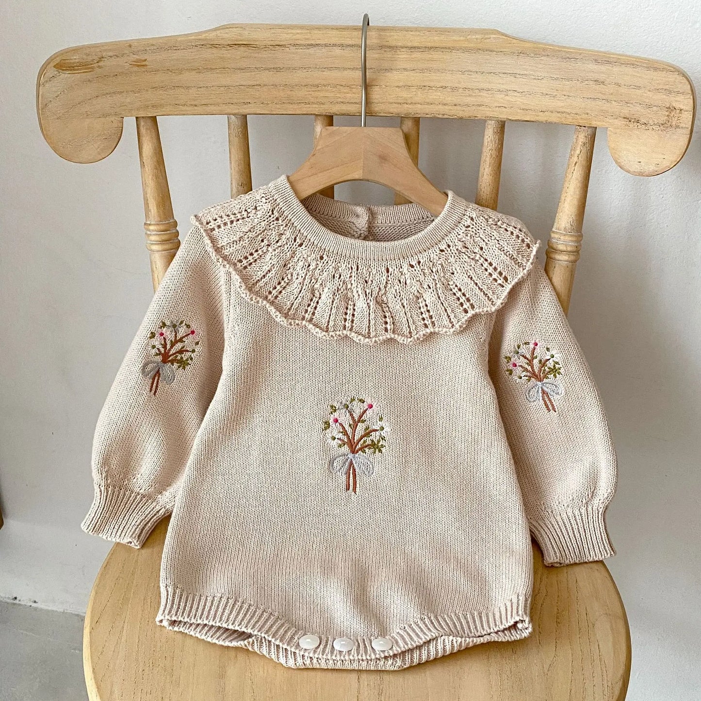 Autumn Baby Clothing New Baby Knitted Rompers Lotus Leaf Collar Long-sleeved Romper Cute Baby Girl Embroidered Sweaters Jumpsuit
