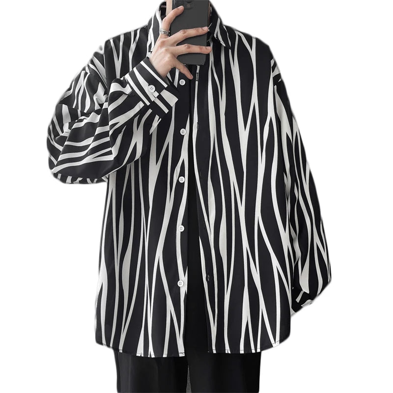 Men's Long Sleeve Striped Shirts Spring New Korean Button Up Shirt Unisex Fashion Casual Oversize Blouse Printed Clothing