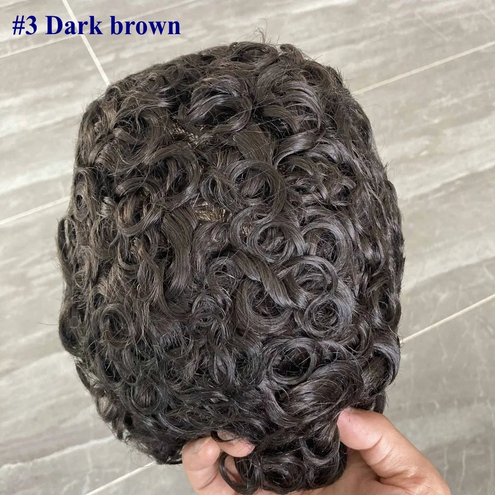 100% Human Hair Man 25mm Loose Curly Hair Replacement System Durable Skin Base Brown Gray Blonde #4 1B65 Prosthesis Hairpieces