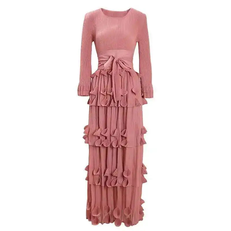 LANMREM Pleated Appliques Long Dresses For Women Round Collar Lace-up Full Sleeve Evening Party New 2025 Lady Dress 32S1173