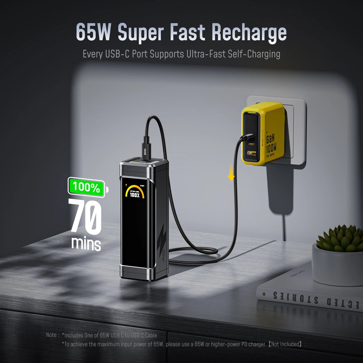 [NEW] AOHI  65W travel Power Bank The BLACK WARRIOR 10000mAh External Battery PD3.0 Quick Charging LED Display portable battery