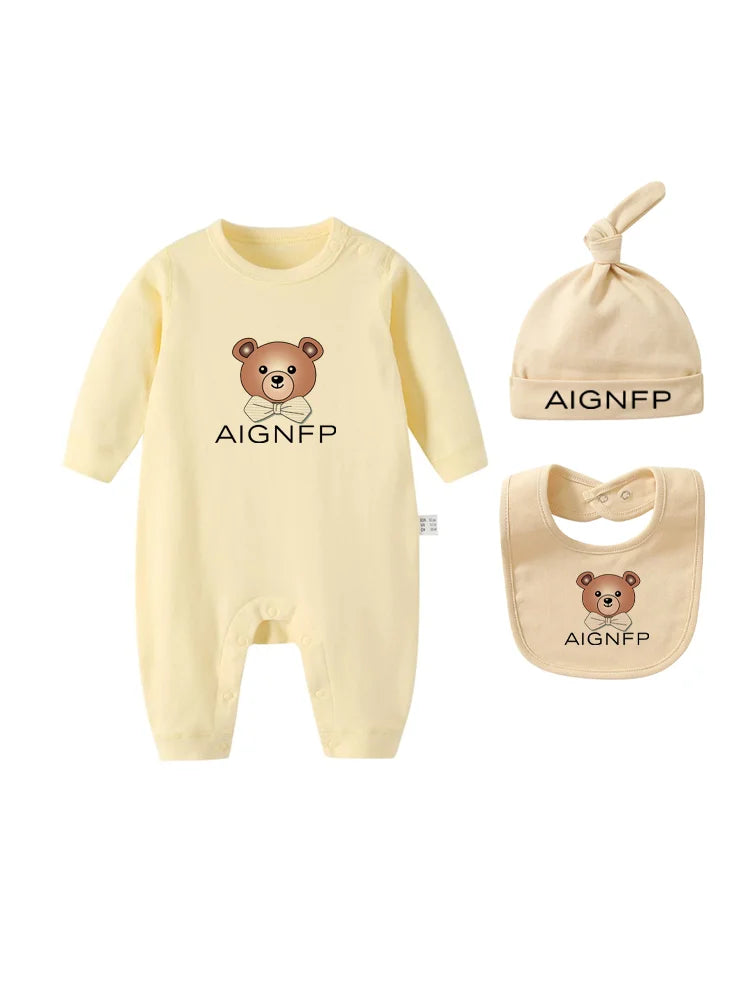 Cute Bear Jumpsuit Newborns Autumn Clothes 2025 Hot Sale New Soft Bib scarf Hat Toddler Romper Sets Baby Long sleeves Bodysuits
