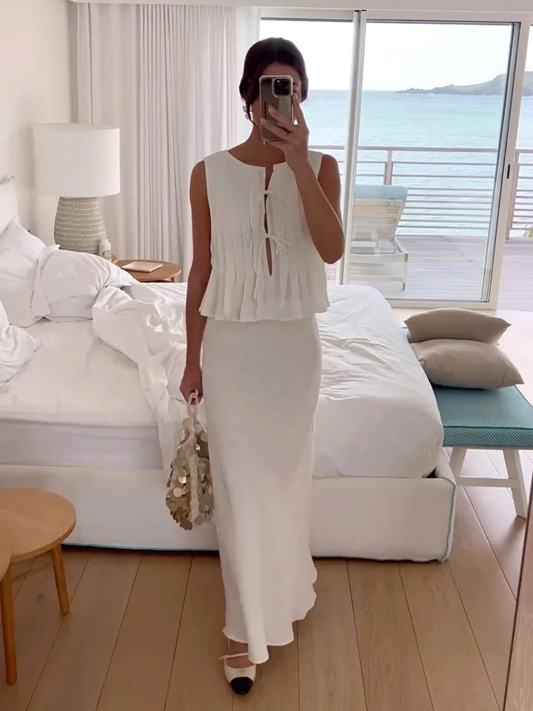 Sexy White Sleeveless Tie Shirt Top Long Skirt Two Piece 2026 Women Fashion Set Summer Holiday Beachwear Swimwear Cover Up A2860