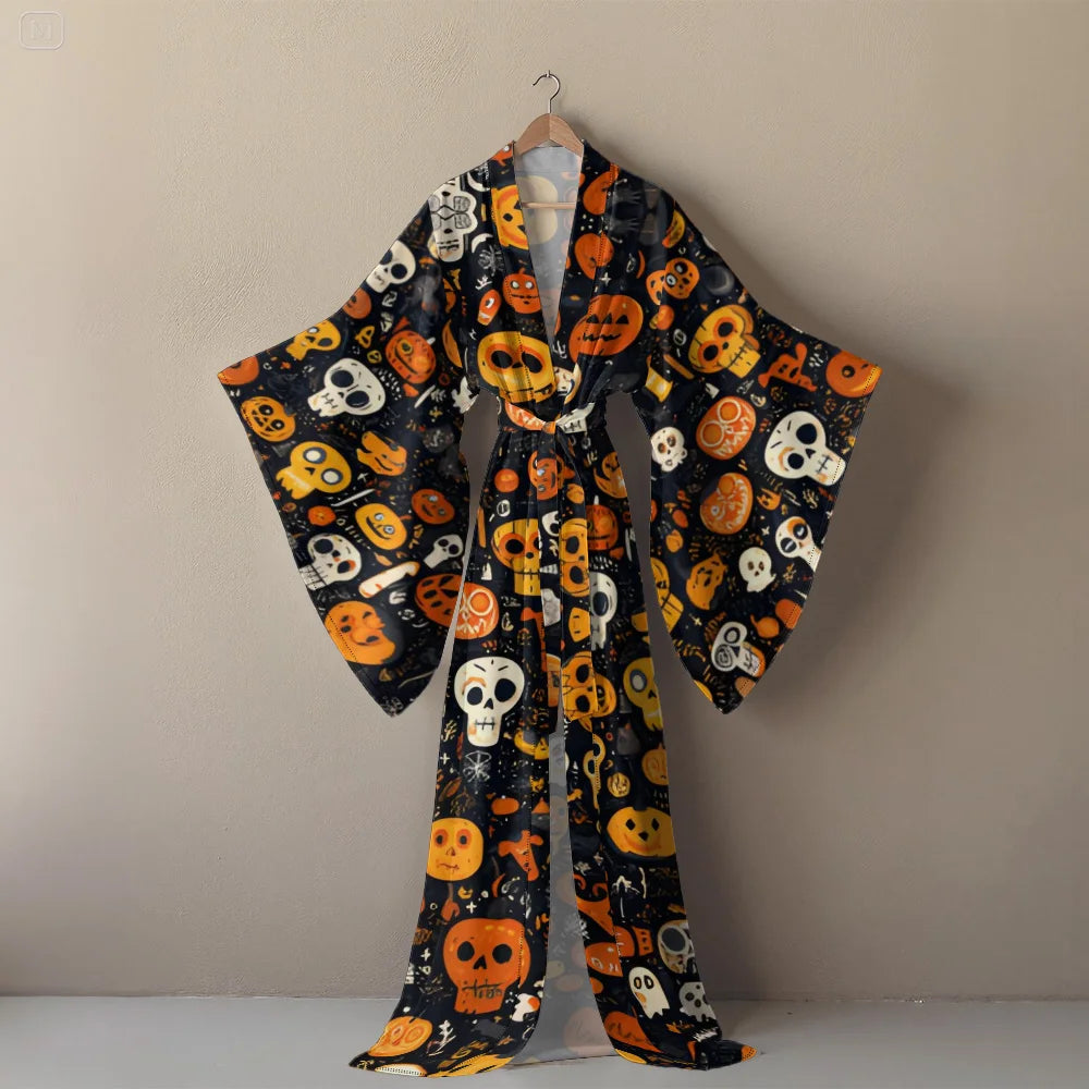 Halloween Cosplay Women's Sexy V-Neck Robe with Abstract Ghost Print - Long Sleeve Party Costume Unique Vampire Witch Long Robe