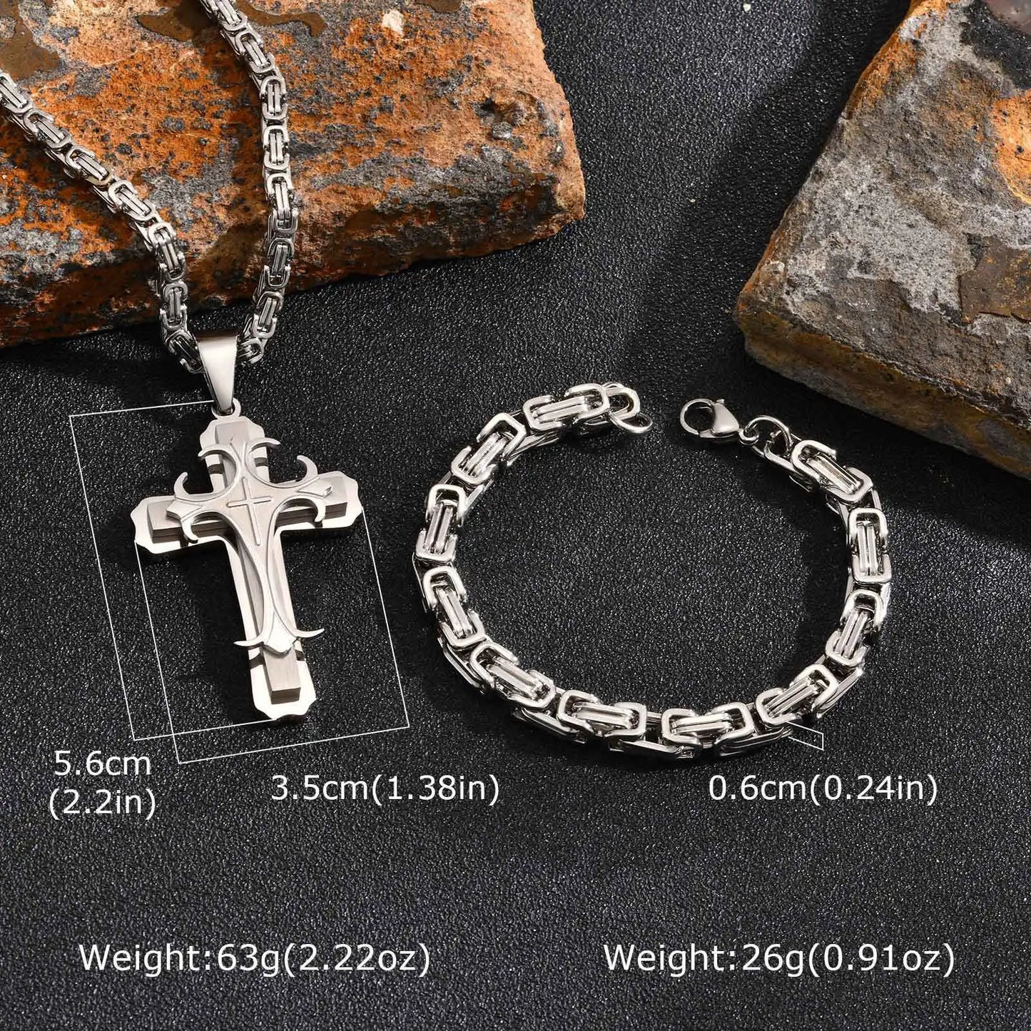 Mens Cross Pendant Necklace Sets,Two Tone Stainless Steel Byzantine Bracelets,Punk Jewelry Sets Gift to Husband Father Dad BBF
