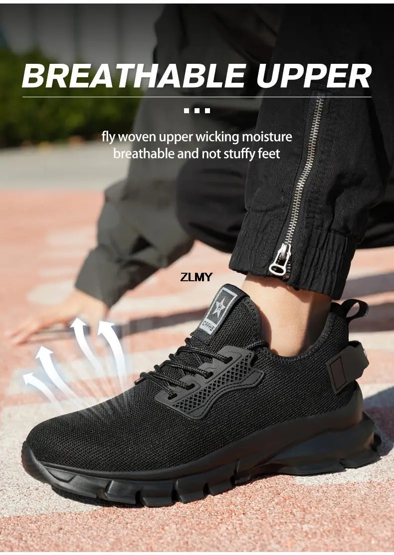 Black Safety Shoes Men Steel Toe Sneakers Lightweight Puncture Proof Work Safety Boots Man Breathable Working Shoes Anti-smash