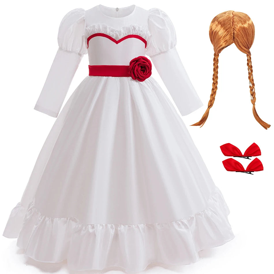Horror Movie Annabelle Cosplay Costume Girl Long Sleeve Rose Dress For Kid Scary Ghost Role Play Halloween Carnival Party Outfit
