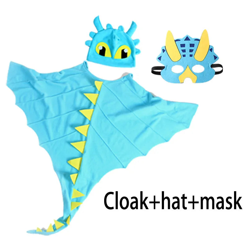 Kids Dragon Cape Costume 3PCS Cloak Hat Mask Set Halloween Carnival Role Play Outfits for Boys Girls School Performance Clothes