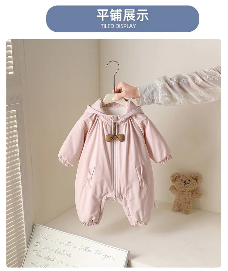 Winter Rompers Baby Girls Clothes Korean Fashion Pink Cute Hooded Bow Warm Thicker Jumpsuit Infant Costume Newborn Items B383