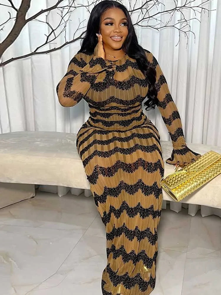 Long Sleeve Maxi Dress Chic for Women High Waist Evening Dress with Drape Sexy Brown Bandage Dress Wholesale Dropshipping