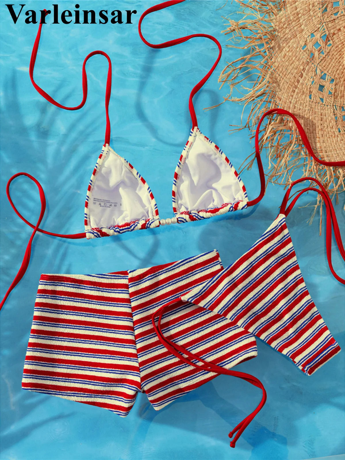 S - XL With Shorts Striped Halter Bikini Women Swimwear Female Swimsuit Three-Pieces Bikini Set Bather Bathing Suit Swim V8130
