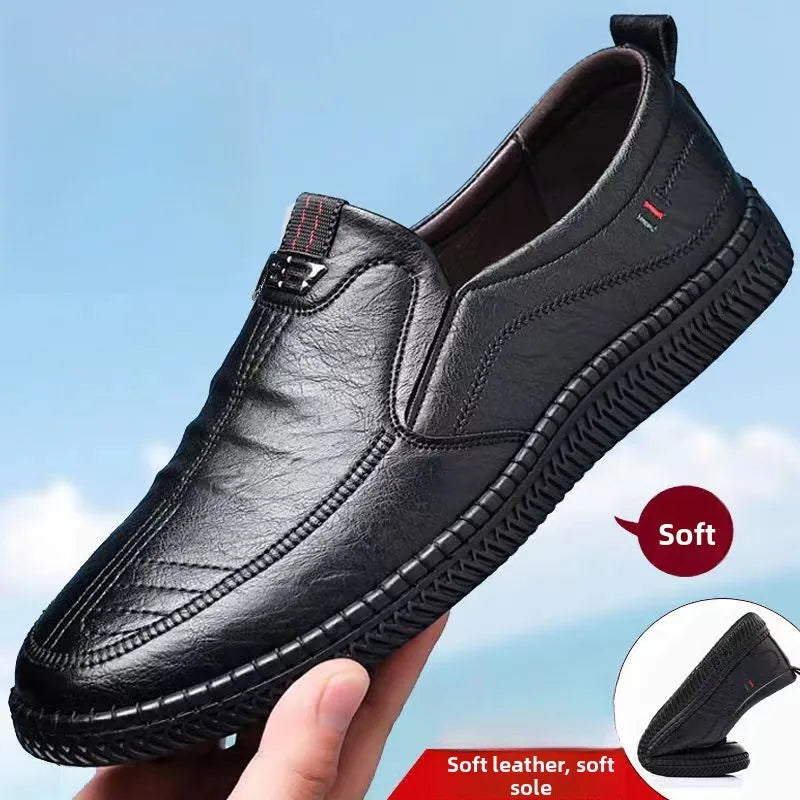 Men's Casual Thick Bottom Soft Sole Leather Shoes Dad Style Versatile Low Top Spring Autumn Season Breathable Slip-On Shoes