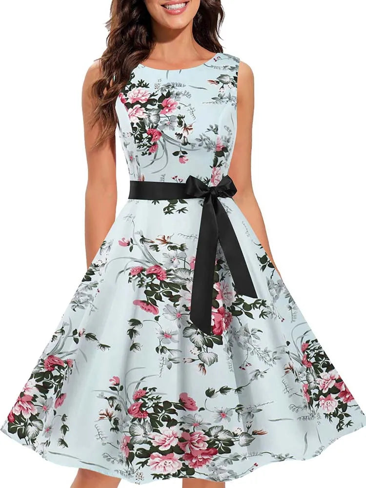 Sleeveless Floral Print Summer Dress Women Elegant Vintage Casual O Neck A Line Midi Party Sundress Vestidos With Belt