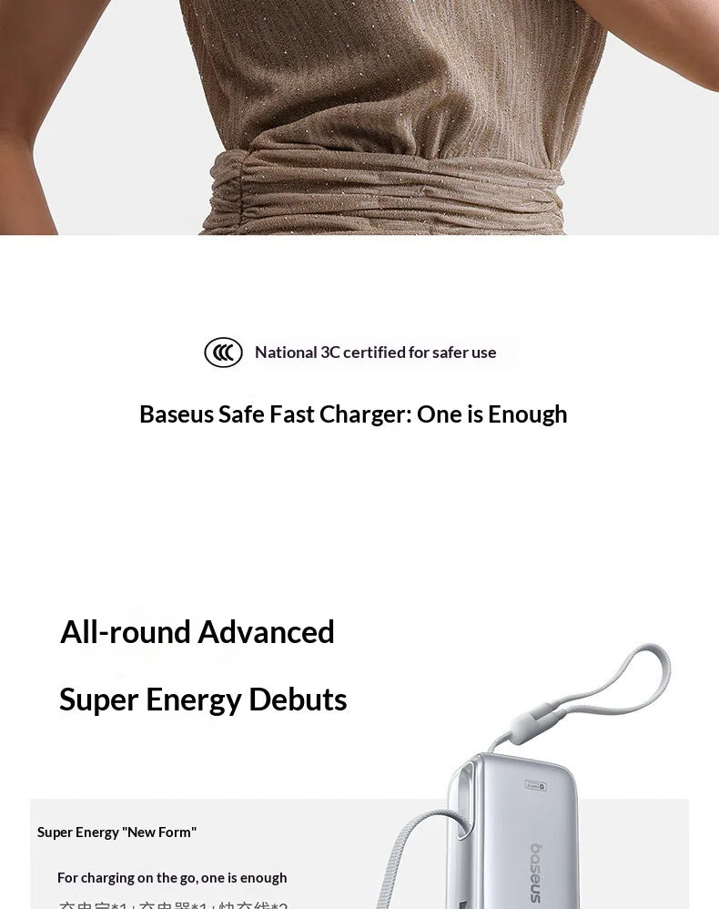 Baseus 67W Pro 3 In 1 Portable Power Bank Retractable Cable Charger 3C Certified Airline Approved For Smartphone 10000mah