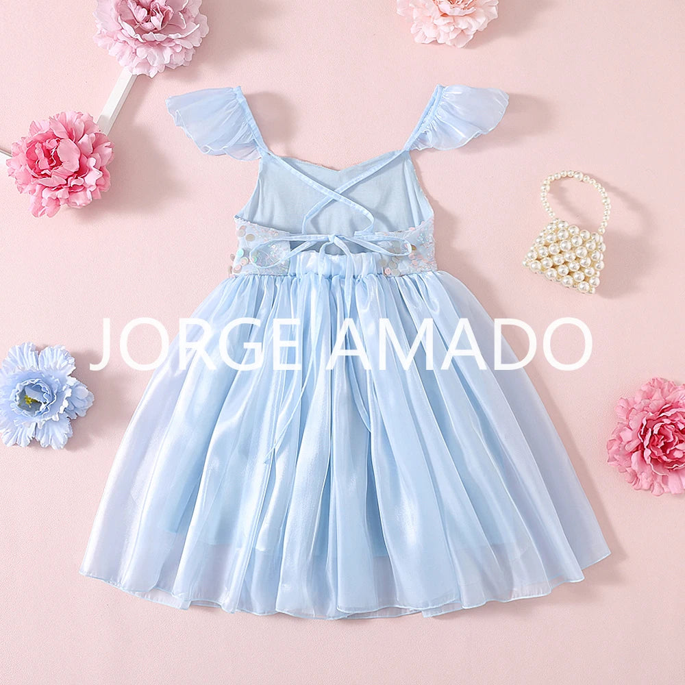 New Summer Sister Girl Matching Romper Dress Short Sling Sleeves Big Bow Bodysuit Sequined Princess Dresses Twins Clothing H1518