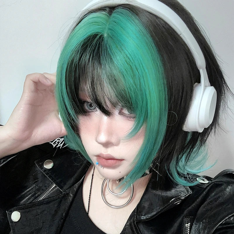 7JHH WIGS Short Straight Black Ombre Green Wig for Women Synthetic Modest Fashion Wear and Go Bob Wigs with Neat Bangs