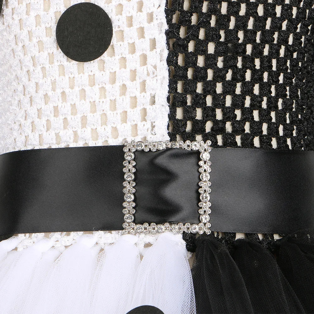Halloween Crulla Cosplay Costume Cruella Tulle Dress Party Girls Black White Carnival Kids Cruella Wig Lace Mask Suit Clothes