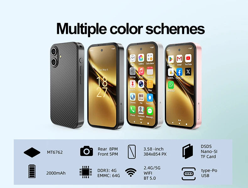 SOYES Q333 Mini Smartphone 4GB RAM 64GB ROM Android 12.0 MTK6762 8-core 2000mAh Face Unlock 4G LTE Dual SIM 3.58in Small Phone