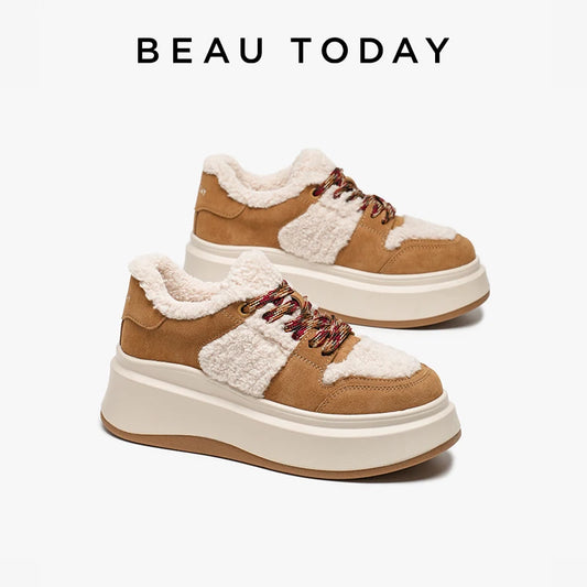 BEAUTODAY Fury Sneakers Women Cow Suede Leather Round Toe Lace-up Closure Platform Shoes Ladies Winter Warm Flats Handmade 29787