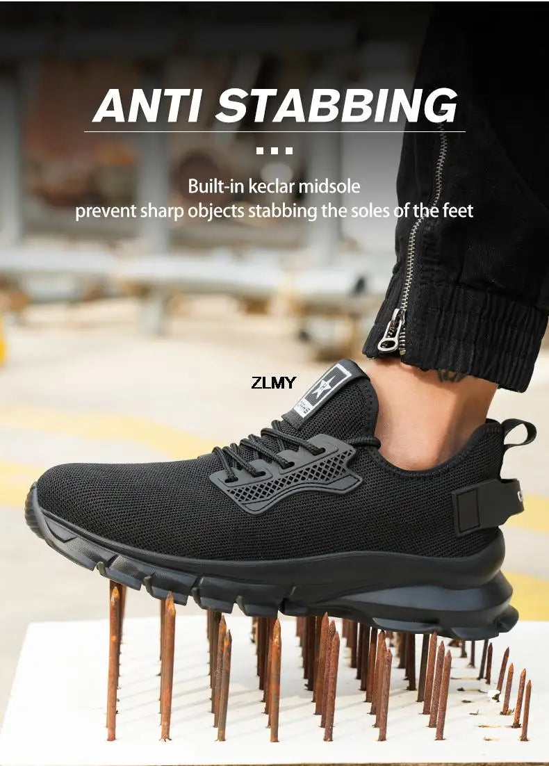 Black Safety Shoes Men Steel Toe Sneakers Lightweight Puncture Proof Work Safety Boots Man Breathable Working Shoes Anti-smash
