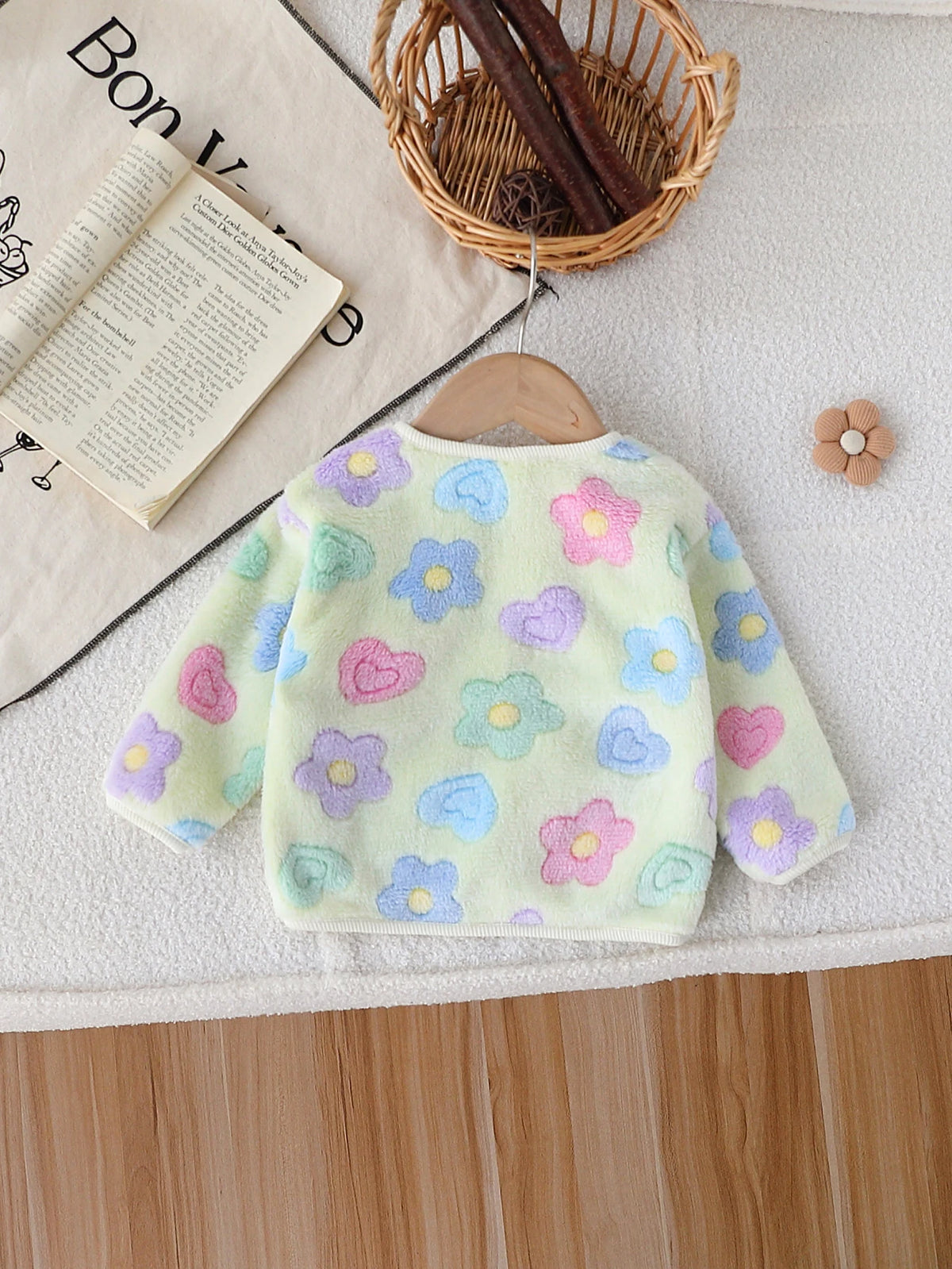 Baby Girl's Autumn Winter Plush Coat Cute Casual Colorful Flower Design Front Open Button Long Sleeve Jacket for Toddlers