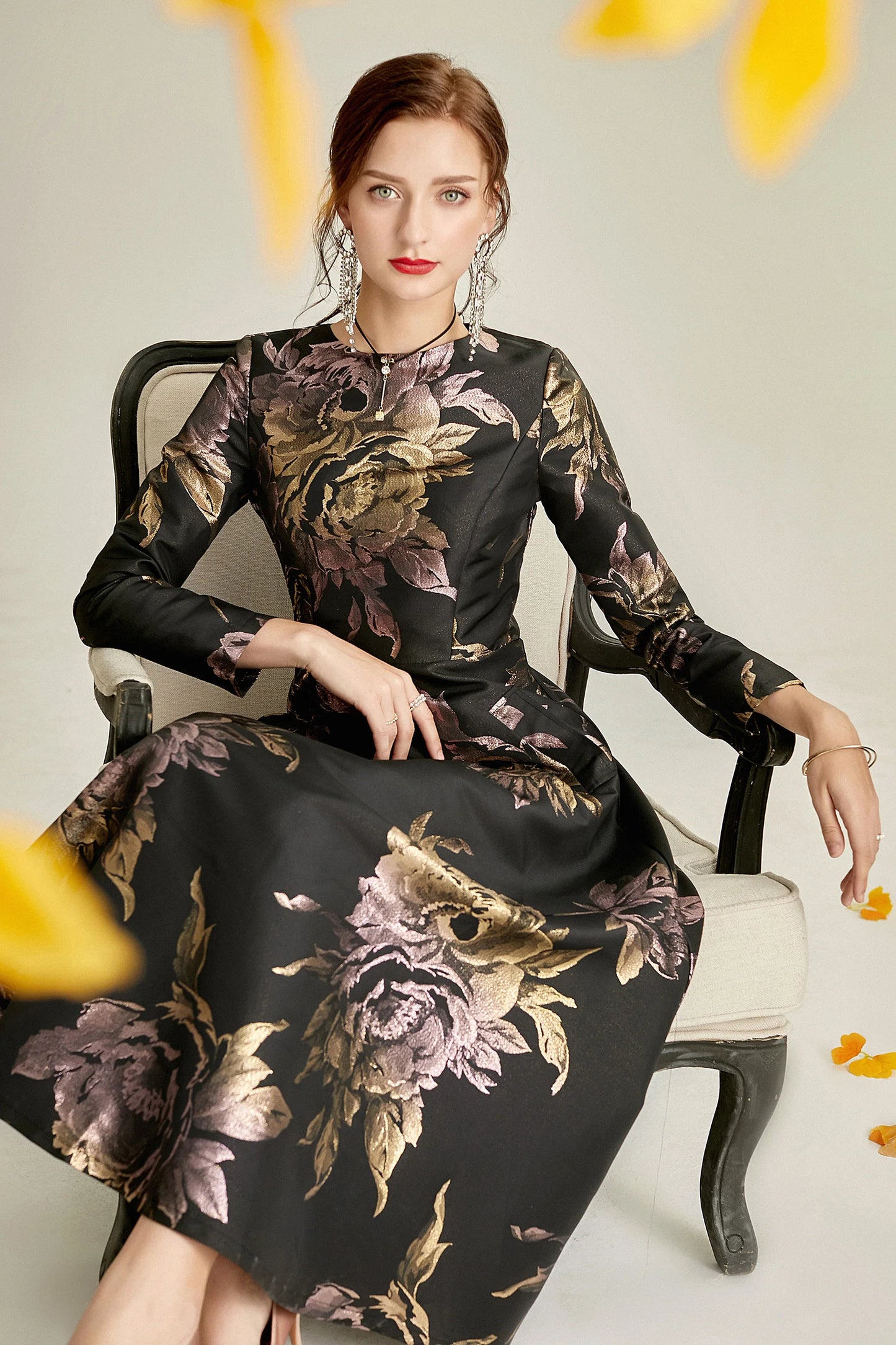 Plus Size Evening Dress - Black and Gold Jacquard Satin Waist-Defining Tummy-Control Long Sleeve Elegant Flared Dress