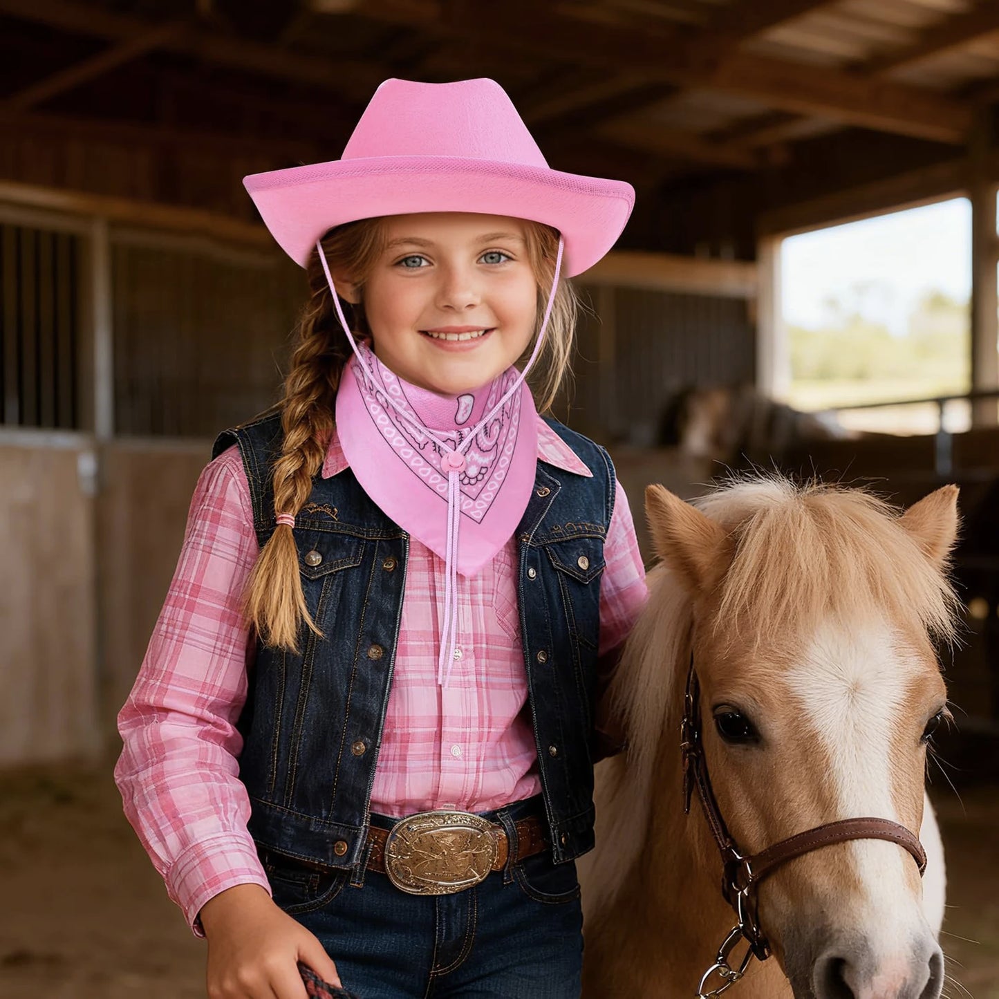 Kids Cowgirl Costume Western Hat Bandana Set Halloween Cosplay Outfits Role Play Accessories