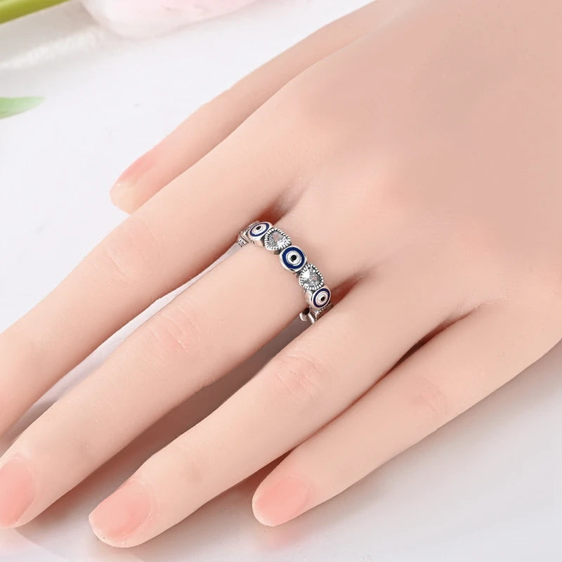 Original 925 Sterling Silver Sparkling Blue Eye and Heart Ring For Women Girls Jewelry Birthday Anniversary Gifts