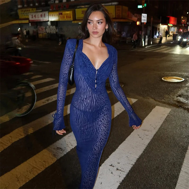 Mozision Deep V Neck Long Sleeve Sexy Maxi Dress Women Gown Elegant Leopard Print Mesh See Through Club Party Long Dresses