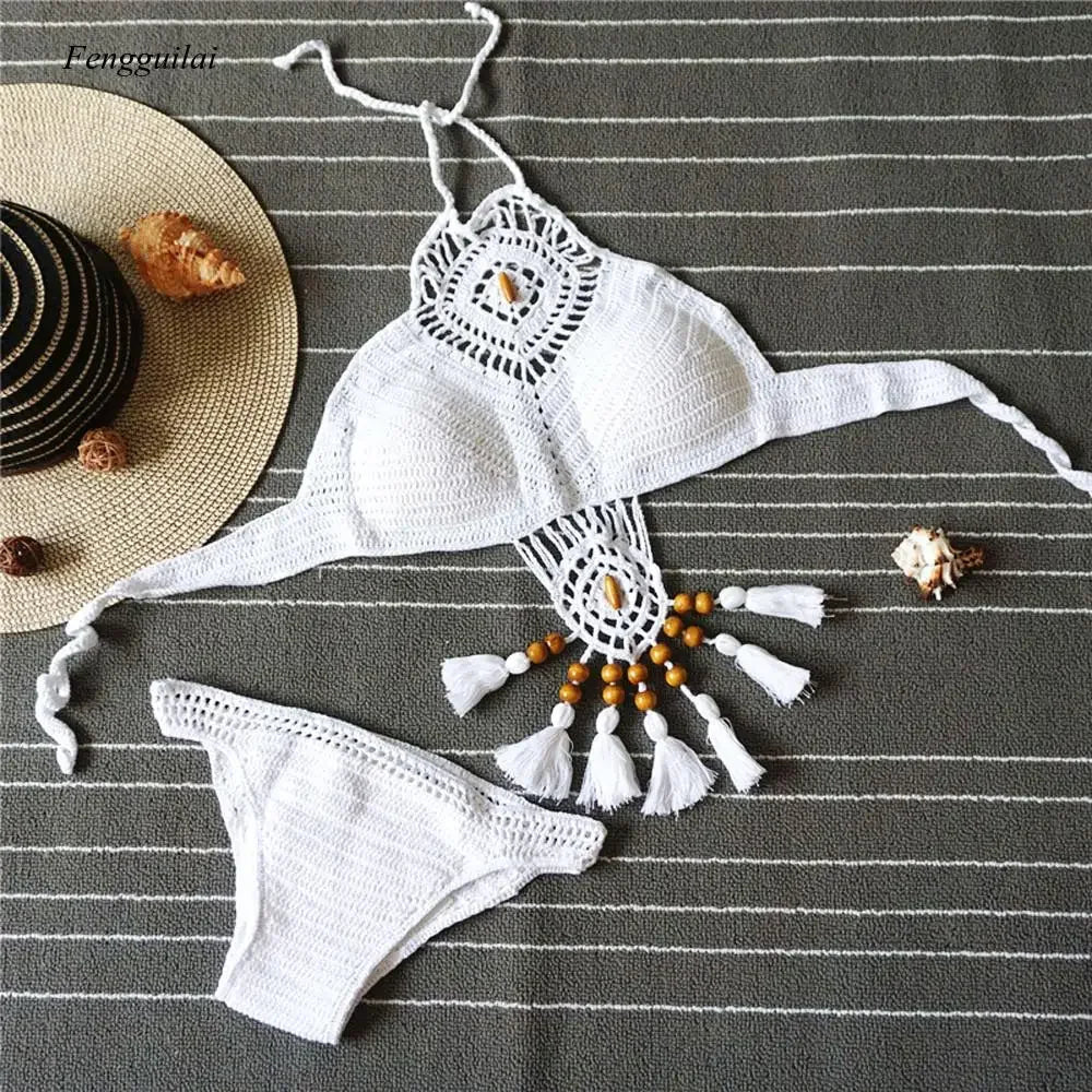 Bikini 2024 Knitting Swimsuit Crochet Bohemia Style Off Shoulder High Neck Bathing Beach Handmade Crochet