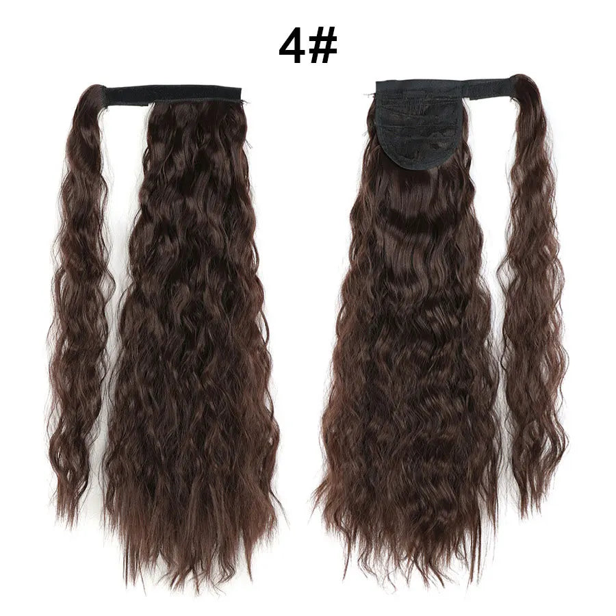 Synthetic Long Corn Wave Ponytail Extension Magic Paste Heat Resistant Wavy Wrap Around Ponytail Black Hairpiece for Women