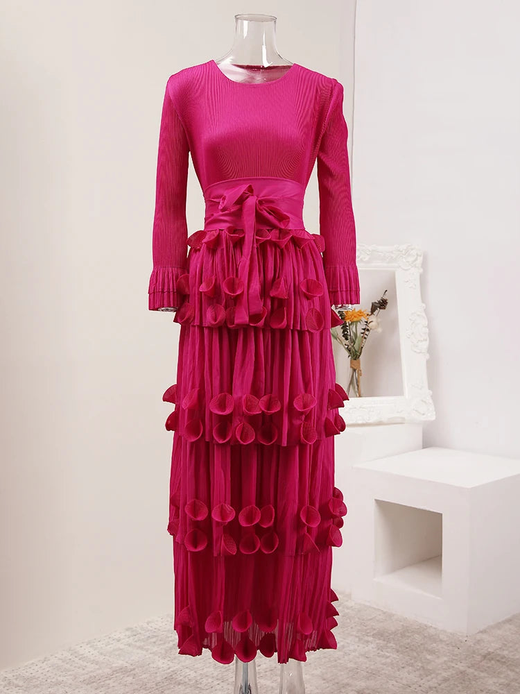 LANMREM Pleated Appliques Long Dresses For Women Round Collar Lace-up Full Sleeve Evening Party New 2025 Lady Dress 32S1173