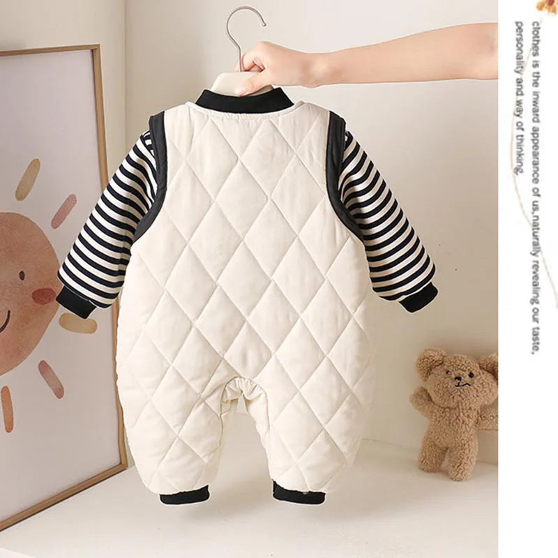 Baby Toddler Fall/Winter Clothing Newborn Thickened Separate Set Baby Boy Striped Sweatshirt Super Cute Quilted Overalls