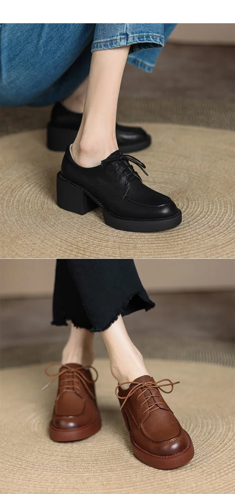 NEW Spring/Autumn Women Shoes Genuine Leather Round Toe Platform Shoes Women Solid Lace Women Pumps Thick Heel Shoes for Women