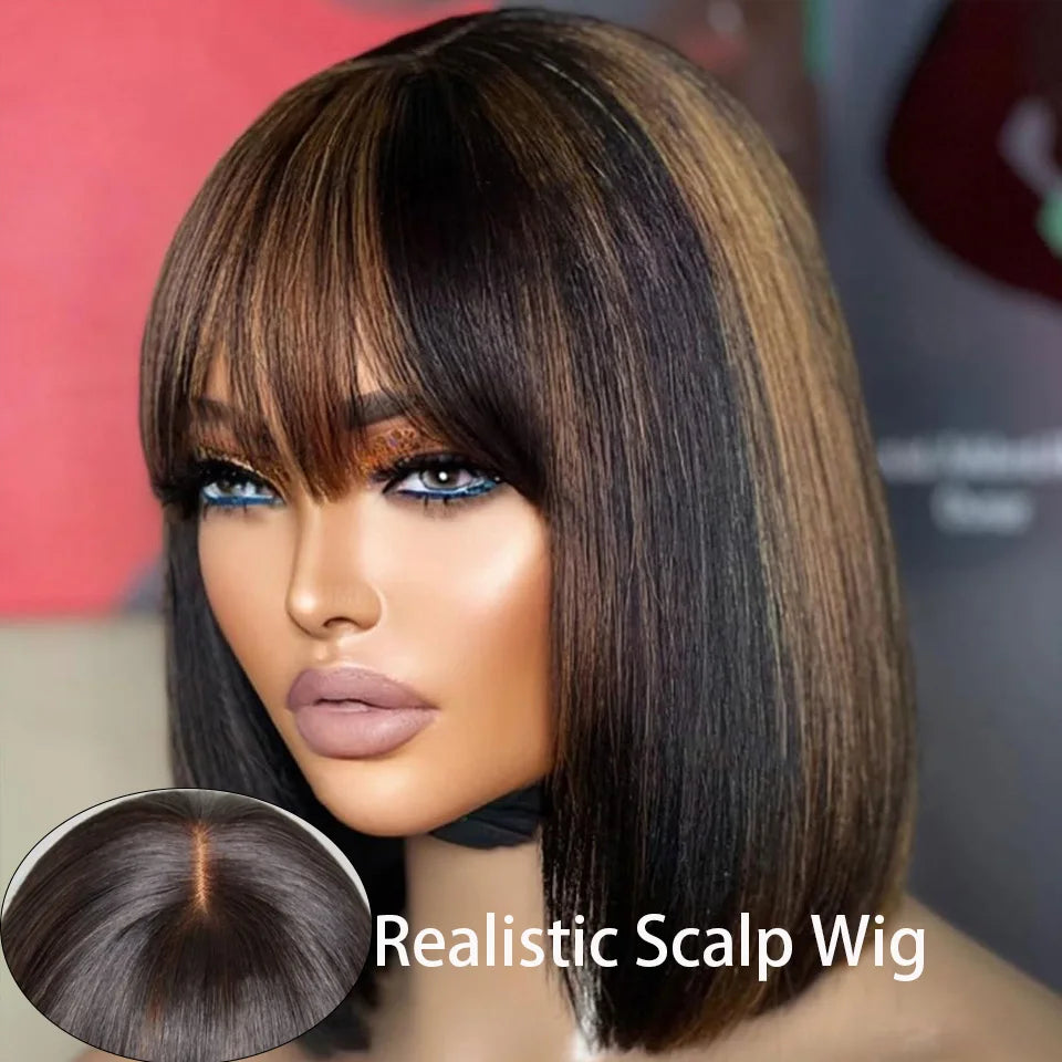 Glueless Highlight P1B/30 Short Bob 3x1 Lace Human Hair Wig Ready To Go Straight Bob With Bangs For Women Beginner Friendly