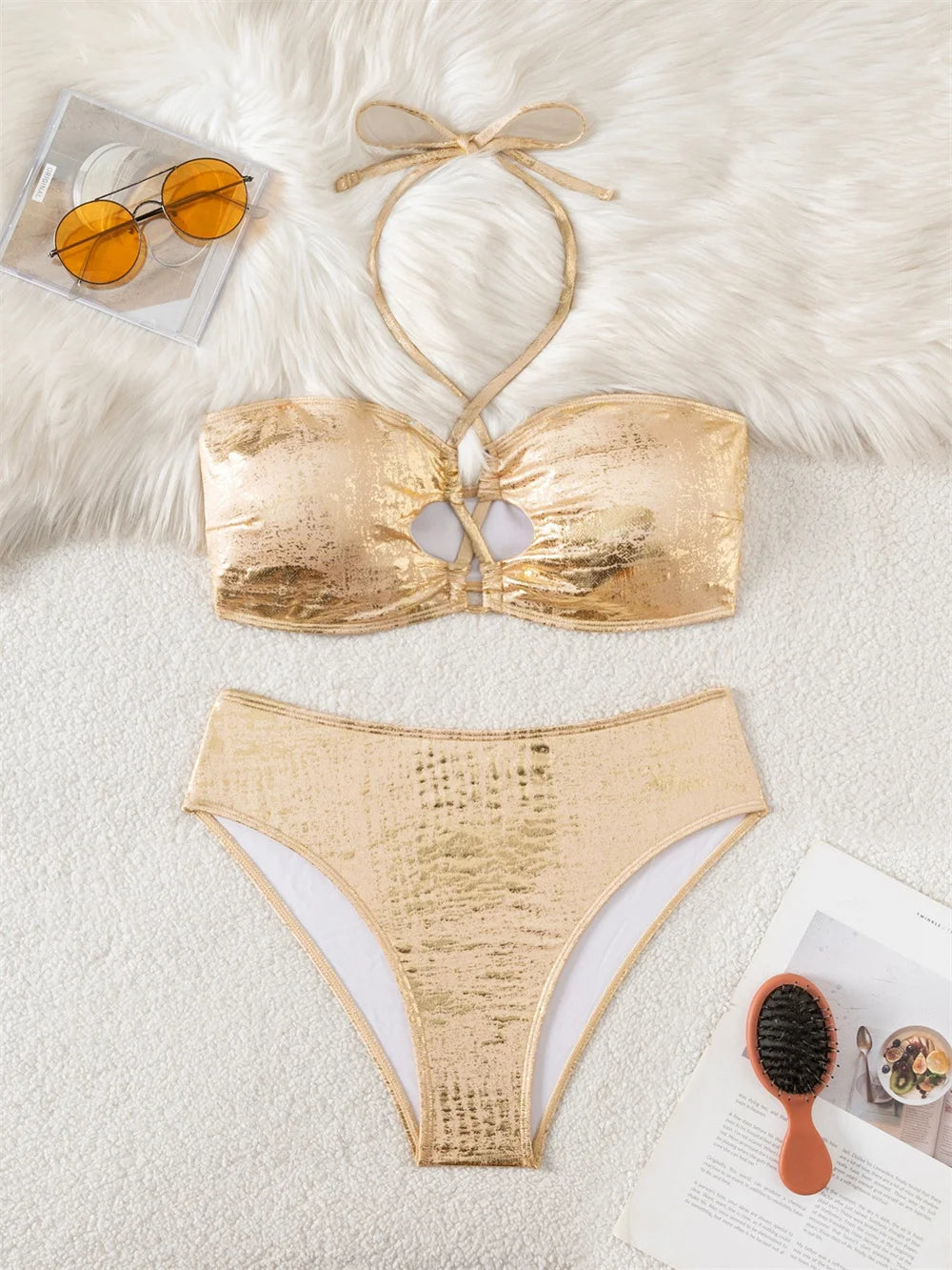 Sexy Hollow Out Drawstring Bikini Retro Metallic Gold Bandeau Swimsuit Push Up Swimwear Women Vacation Outfit Beach Bathing Suit