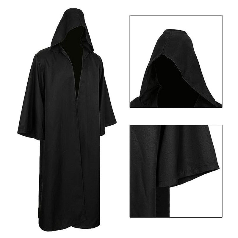 Halloween Cloak Cosplay Costume Sorcerer Long Shirt Hooded Black Robe Adult and Ghost of Horror Cloak Child Holiday Costume Set