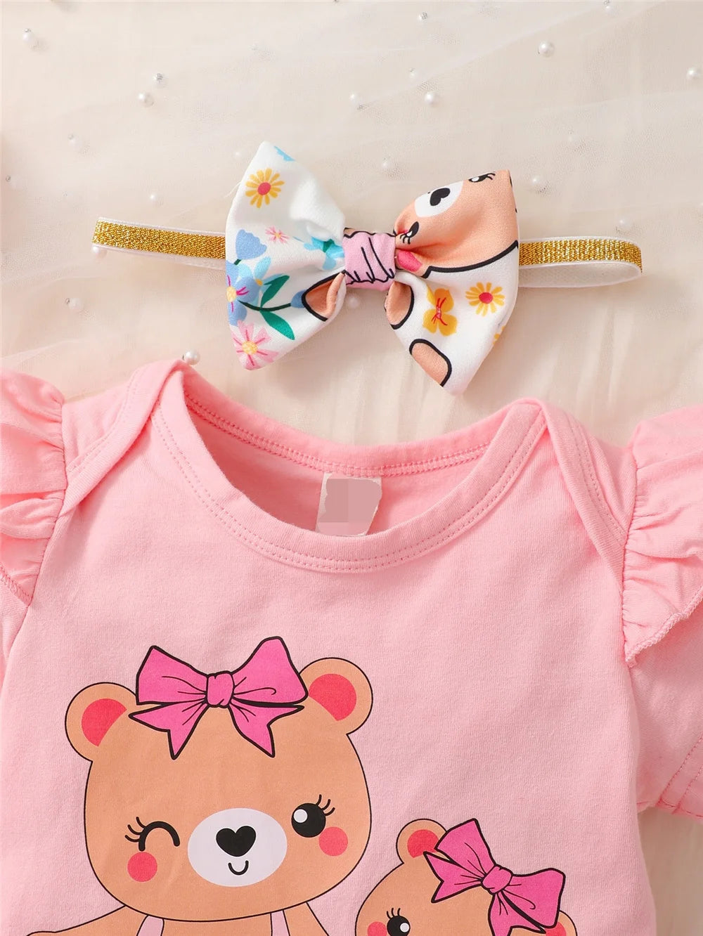 0-2Years Newborn Baby Girl Daily Clothes Set Cartoon Bear Short Sleeve Romper + Shorts with Headband Summer Lovely 3PCS Outfit