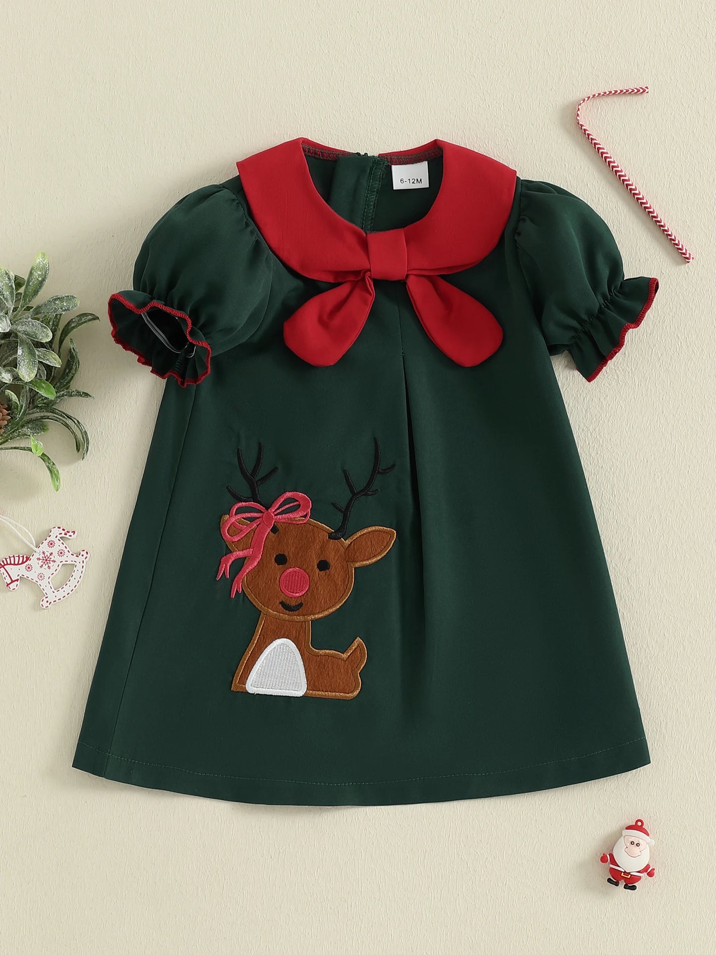 Tregren Toddler Girl Christmas A-Line Dress Reindeer Embroidered Doll Collar Short Sleeve A-line Dress New Year Festival Clothes
