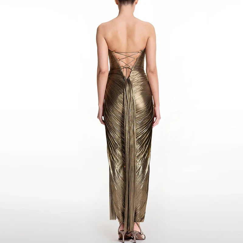 Lady Temperament Off Shoulder Pleats Slim A-line Dress Backless Irregular Long Dress Fashion Strapless High Waist Cocktail Dress