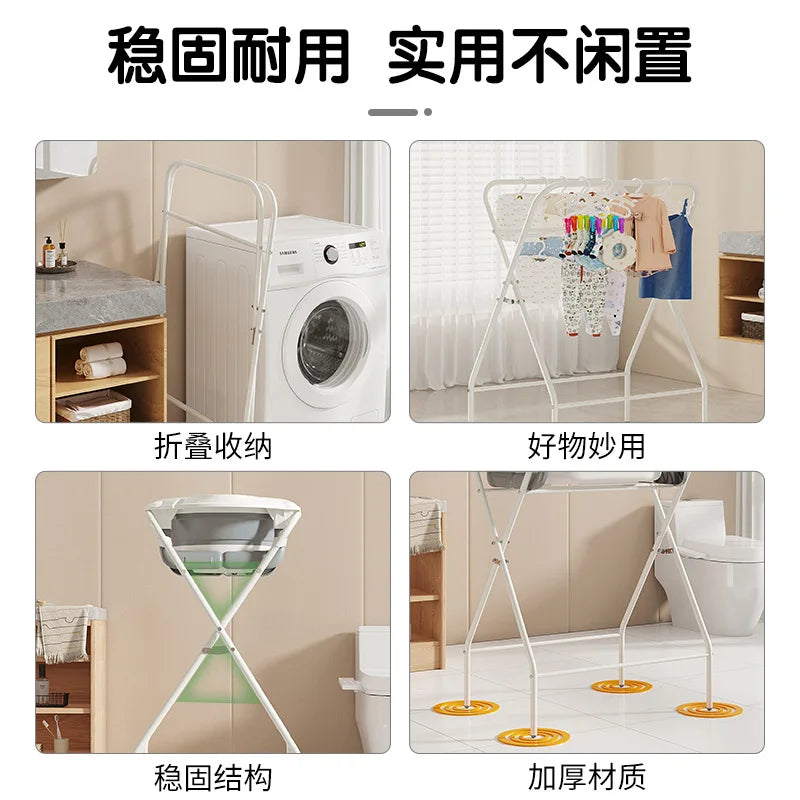 Foldable Baby Bathtub with Stand Set Newborn Bath Station No Bend Heightened Rack Infant Bath Tub with Drying Clothes Stand