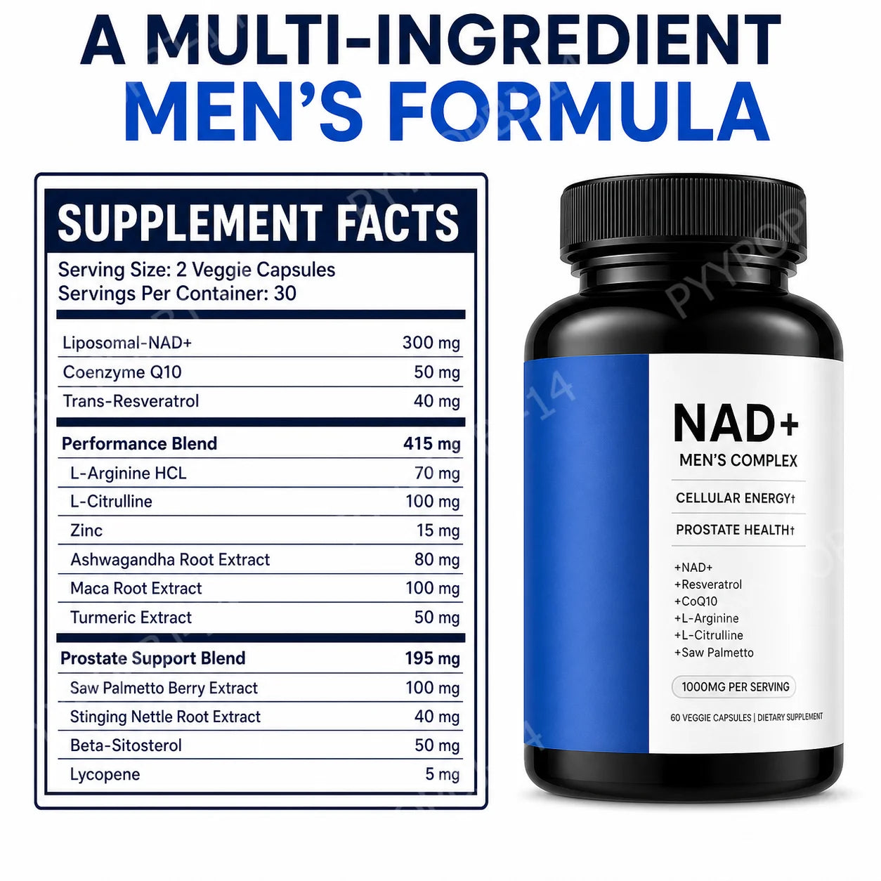 Men's Wellness Complex with NAD+ CoQ10 Resveratrol  L Arginine Daily Energy Vitality Support 60 Veggie Capsules