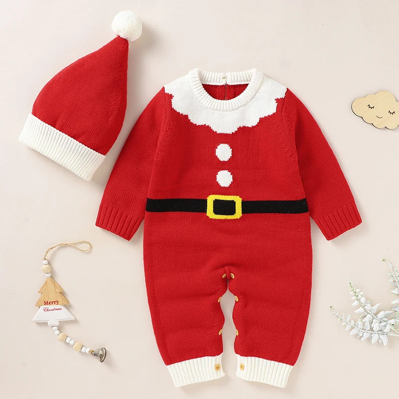 Infant Christmas Outfits Baby Romper Clothes Winter Red Santa Claus Knitted Newborn Infant Boy Girl Christmas Gift Jumpsuits+Hat