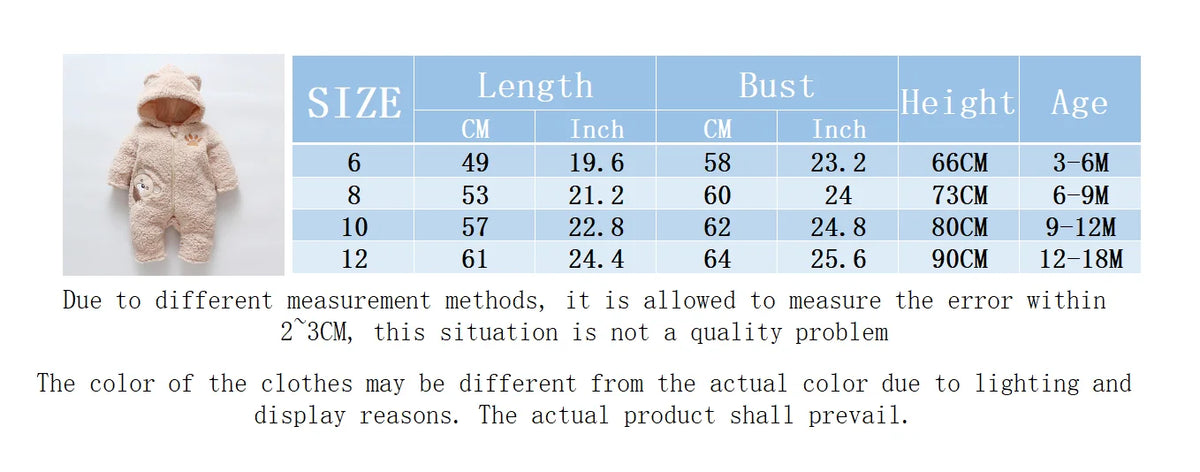 Baby Winter Thick Romper Solid Cotton Warm Long Sleeve Boy Girl Jumpsuit Clothes 0-24M Newborn Bear Fleece Hooded Pyjamas